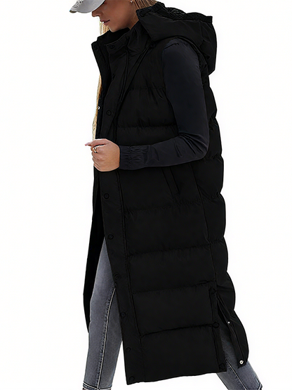 🔥 Women's Long Puffer Vest | Quilted Hood & Button Closure ❄️