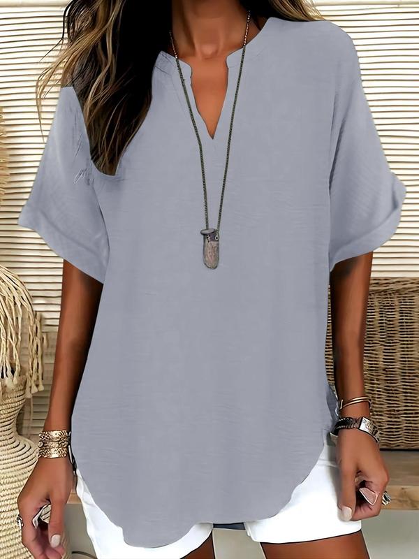 Women's Plain Shortsleeve Blouse, Casual Solid Color Top for Daily Wear, Ladies Clothes for All Seasons